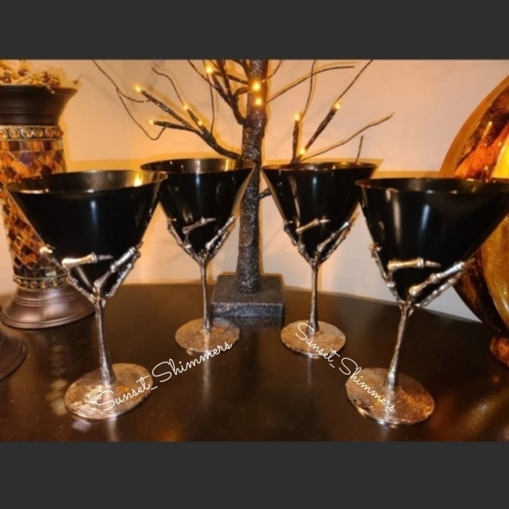 4 Pottery Barn Goth Halloween Silver Metal SKELETON HAND Black MARTINI Glasses